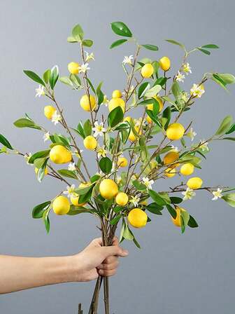 27.55Inch Artificial Lemon Branch Yellow Fruit Lemon Branch Long Stem Green Plant Leaves Suitable For Farmhouse Family Kitchen Vase Wedding Party Home Decoration Gifts Birthday Graduation