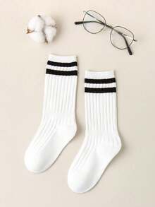 2双儿童袜子双杠图案男童女童四季简约休闲运动风格日常旅行可穿儿童袜子。 - 黑與白 - 查看 12