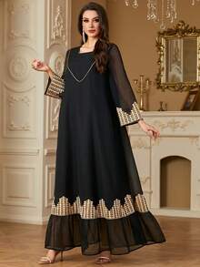 Women's Style Black Square Collar Long Sleeve Ribbon Patchwork Sequins Floral Trim Long Robe, Modest Kaftan - Black - View 3