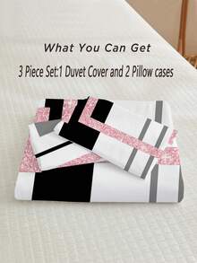 3 件几何图案粉红灰色印花羽绒被套套装（1 *羽绒被套 + 2 *枕套，不含芯） - 轻质透气床上用品套装，适用于卧室和宿舍，带几何印花，舒适的床罩和床罩 - 易于护理、防过敏、温和呵护皮肤 - 粉色 - 查看 2