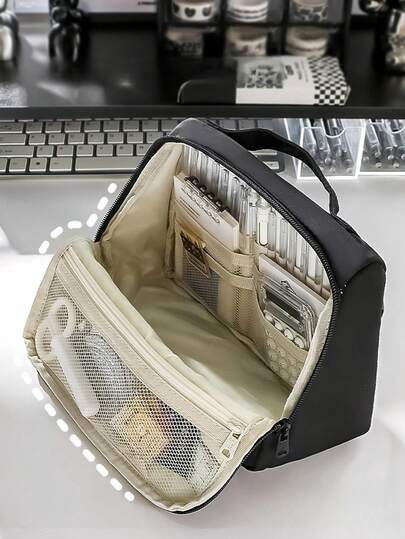 1pc Large Capacity Pencil Case, Minimalist Japanese Style Pencil Box, Multi-Functional Storage Bag, Women Cosmetic Bag, Toiletry Bag, Student Stationery Pouch, Pencil Bag, Backpack