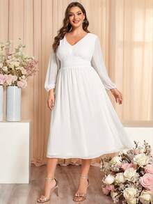 EVERPRETTY Plus Size Chiffon High Waist Long Sleeves Bachelorette Party Dress Formal Midi Dress Bridal Shower Dress Wedding Dress For Bride Engagement Dresses - White - View 1