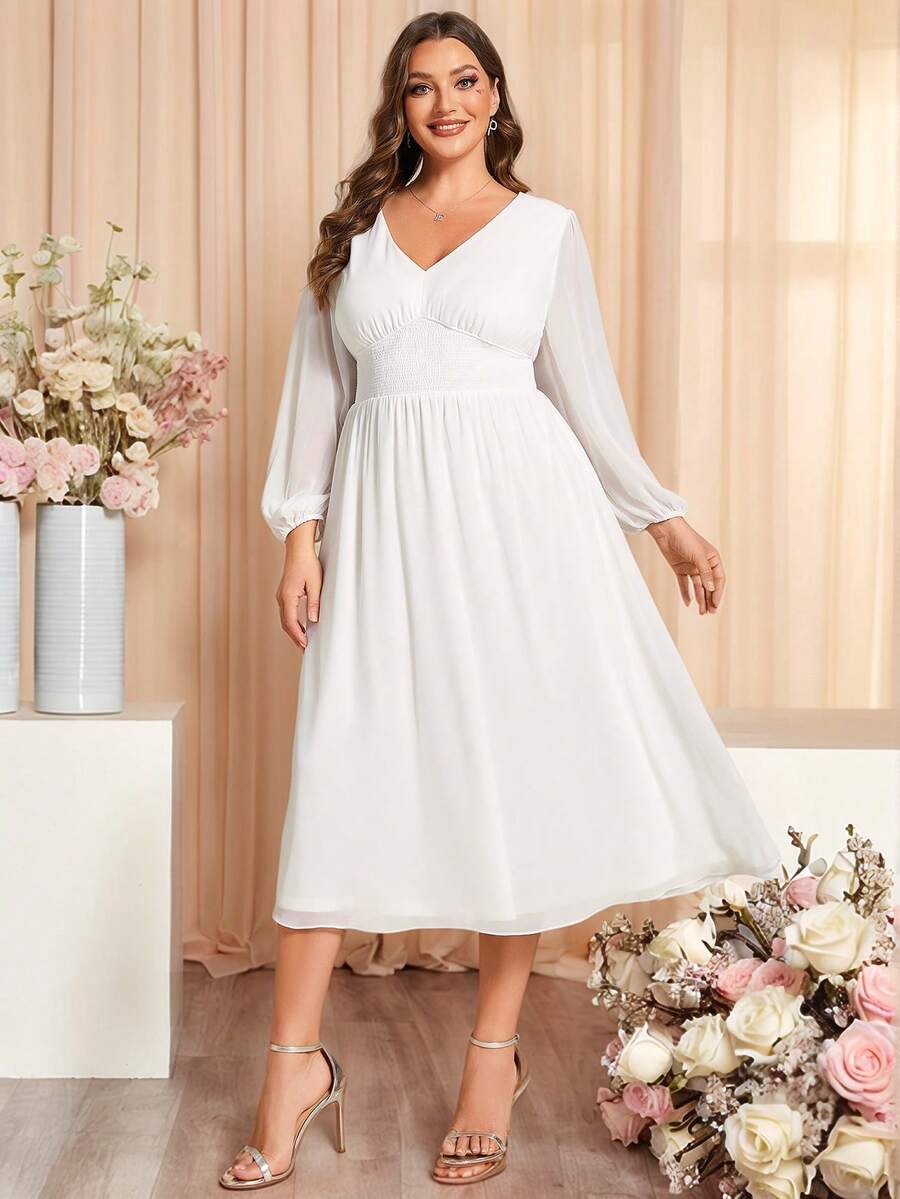 EVERPRETTY Plus Size Chiffon High Waist Long Sleeves Bachelorette Party Dress Formal Midi Dress Bridal Shower Dress Wedding Dress For Bride Engagement Dresses - White - View 1