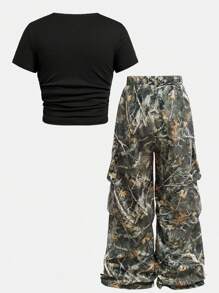 2pcs/Set Tween Girls Casual Solid Color Round Neck T-Shirt And Printed Relaxed Pocket Pants Set, Summer