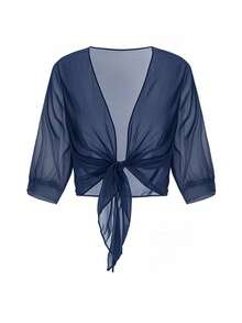 Pluse Size Chiffon Cardigan Tie Front Knot Shirt Women Summer Vacation Cover Up Sheer Casual Blouse Solid Color - Navy Blue - View 2