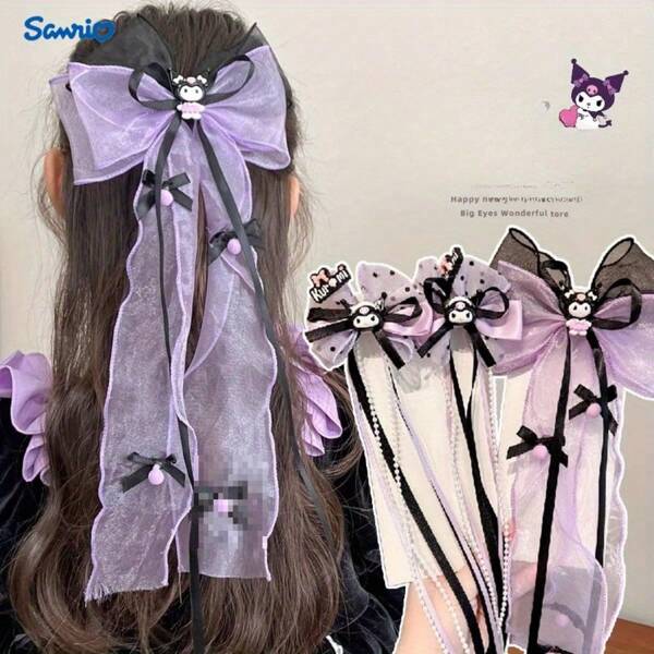 Sanrio Offiziell lizenzierter Sanrio Schwarz Lila Kuromi süßes Haaraccessoire Haarspange Prinzessin Schleife Haarspange Kopfschmuck