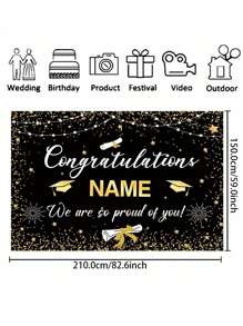 1pc Personalized Black And Gold 2025 With Customizable Name Graduation Party Special Customized Name Banner, Durable Fabric For Photography Background, Congratulations Graduation Banner, Graduation Party Decoration Photo Booth Props, Graduation Poster, Ceremony, Prom, No Electricity Required, Three Sizes Available