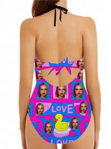 1 pieza Traje de baño personalizado de una sola pieza para mujeres, traje de baño de mujer con diseño hueco y moño, sexy y de moda, traje de baño de correas sin mangas para piscina, playa, vacaciones, chicas