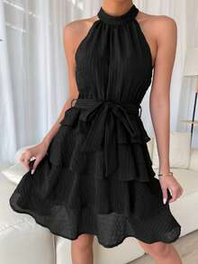 Vestido negro sin mangas y escote palabra de honor, con cordón, informal, fluido, con paneles, bonito vestido de verano, vestidos de mujer a la moda - Negro - Ver 1