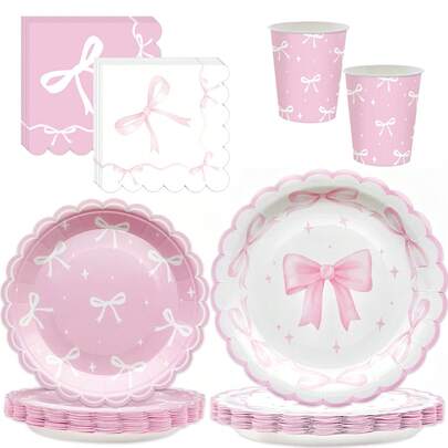 Conjunto de 24 piezas de platos, vasos y servilletas de papel con moño rosa, platos desechables con pajarita, platos de fiesta de cumpleaños para pasteles y postres, juego de vajilla y accesorios de servir para fiestas, comidas diarias, cenas, fiestas y picnics, decoraciones para chicas, cumpleaños, despedidas de soltera y compromisos, para 24 invitados