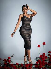 Elegant Midi Dress With Spaghetti Straps | Spring-Summer Formal & Casual Wear | Perfect For Wedding Receptions, Date Nights, Nightclubs, Evening Galas, Party Dress, For Cocktail