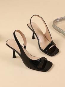 1 Paar Große Größen glitzernde spiegelblanke PU-Leder Highheels Sandalen für Teenager Mädchen, verstellbarer Riemen, quadratische Zehenform, anmutiger Keilabsatz, geeignet für täglichen Lässig-Stil, Partys, Reisen, Urlaub, Frühling & Sommer