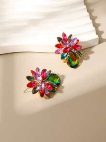 1pc Luxury Rhinestone Inlaid Colorful Flower Earrings, Fashionable Jewelry For Spring/Summer, Suitable For Parties, Weddings, Mother's Day Gifts