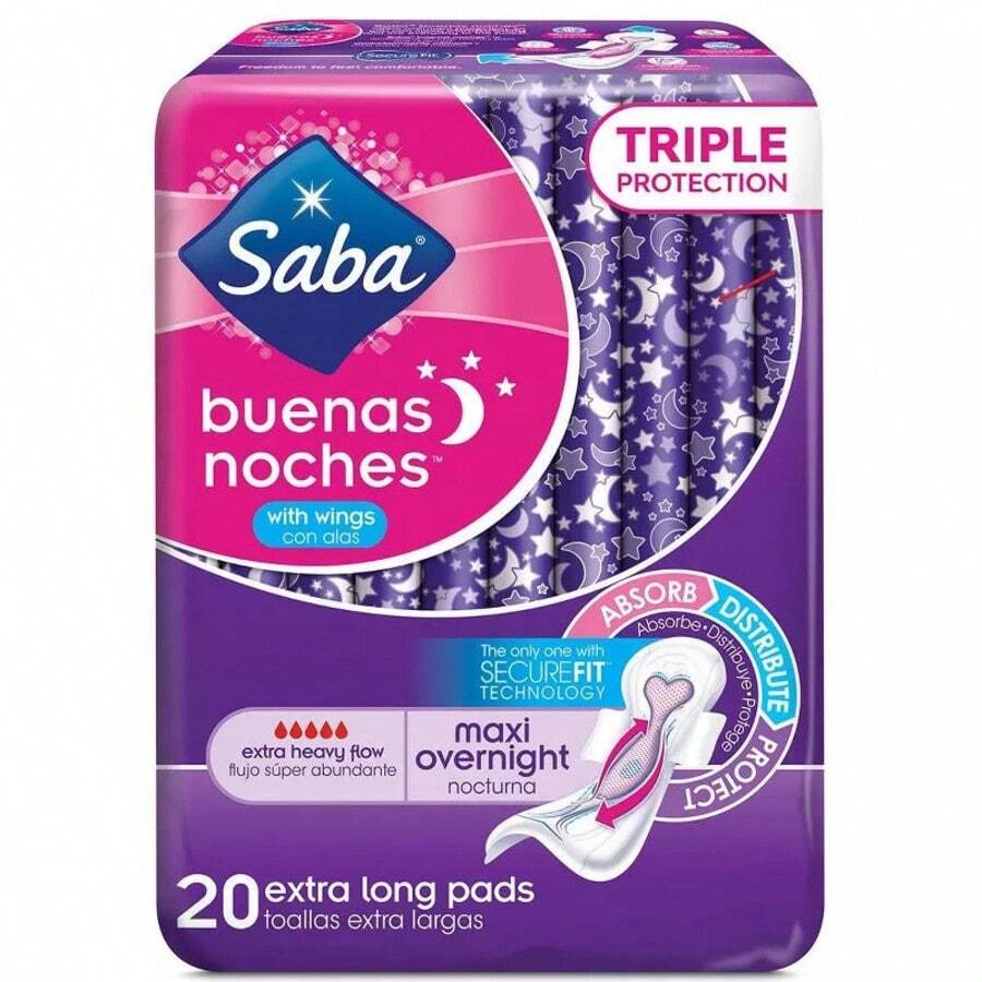 Saba Maxi Overnight Pads With Wings, Extra Long For Heavy Flow 20 Count - 1 - View 1