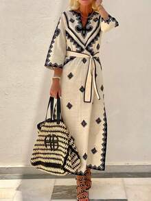 Women Geo Print V-Neck Long Sleeve Tie-Waist Dress