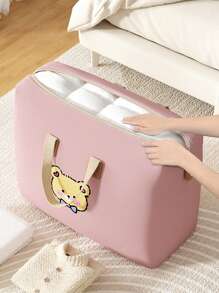 1PC Pink Large Capacity Household Clothing Storage Bag, Tie Bear Cartoon Pattern Bedding Storage Bag, Lightweight And Movable Zipper Handbag, Quilt Storage Bag, Autumn Decoration, Holiday Decoration, Room Decoration, Home Decoration, Autumn Decoration, And Bedroom Decoration
