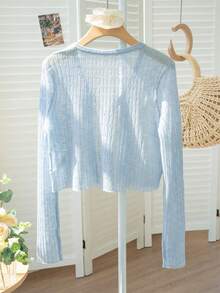 系带开衫透视镂空长袖针织毛衣，短款上衣，适合返校季 - 藍色 - 查看 7