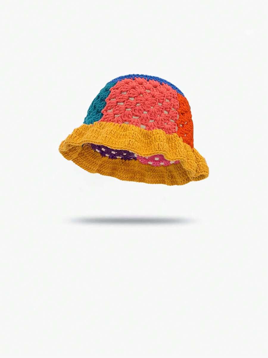 1pc Contrast Color Striped Knitted Cap, Women's Casual Versatile Hollow Out Sun-Shading Bucket Hat For Spring/Summer