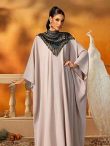 AmazingHoney Luxury Cream Sequin Embellished Jalabiya With Statement Neckline, Loose-Fit Long Kaftan Dress, Elegant Modest Gown For Eid, Ramadan, Wedding Guest, Arabian Occasionwear - Dusty Pink - View 1