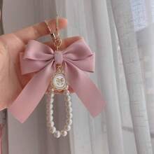 1pc Gorgeous Matte Bow With Faux Pearl Keychain, Lovely Faux Pearl Beaded Bracelet, Vintage Charm, Women & Girls Wallets, Socks, Backpacks, Car Accessories, Ribbons, Pearl Pendant, Valentine's Day, Bow Keychain, School Supplies, Teacher Gifts, Back To School Teacher Essentials, Valentine's Day Bag Charm Pearl Cute Goth Y2k - Multicolor - View 14