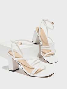 Women's Chunky Heel Mid-Heel Open Toe Buckle Strap Sandals, Breathable Strap High Heel Roman Sexy Sandals, White - White - View 5