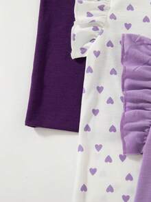 3-Piece Set For Young Girls: Casual Cap Sleeve Top With Heart Prints, Suitable For Valentine's Day - Purple - View 4