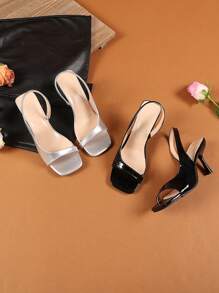 1 Pair Silver Plus Size Holographic Teenager Girl Party High Heel Sandals, Square Toe Elastic Strap Stiletto Wedge Pumps, Suitable For Casual, Gathering, Travel, Spring/Summer