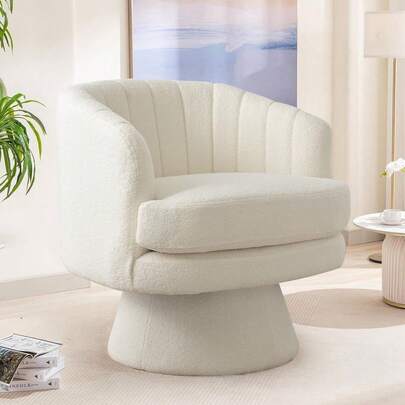 1pcs Lamb Wool Fabric Upholstered Comfy 360 Degree Round Barrel Chairs Fashion Solid Color Swivel Chair With Plump Pillow Suitable For Living Room Bedroom