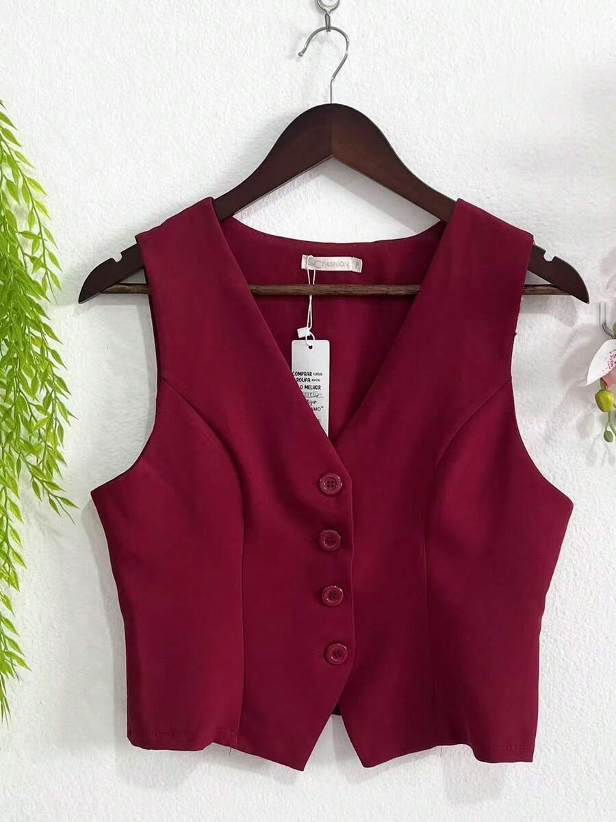 Women's Fashion 4-Button Tailored Vest - 酒紅色 - 查看 1