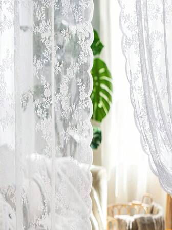 1 st. Wit Bloemenkant Transparant Gordijn, Modern Minimalistisch Polyester Jacquard Raam Gordijn Geschikt Voor Woonkamer, Slaapkamer, Buitenfeest, Thuisgebruik