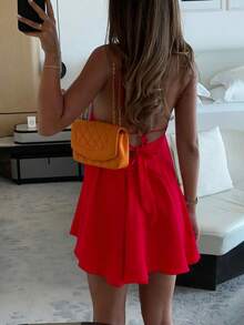 Spring/Summer Women Sexy Deep V Neck Spaghetti Strap Backless Loose A-Line Ruffled Hem Mini Dress, Suitable For Vacation, Streetwear, Tropical Style - View 8