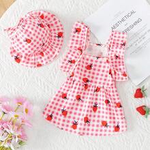 可爱草莓印花荷叶边袖宠物猫/狗连衣裙，带时尚帽子，夏季 - 粉色 - 查看 1