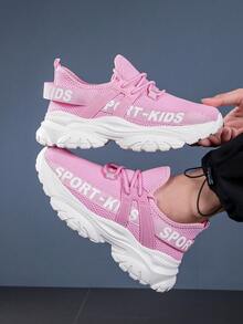 1 Par de Sapatos Esportivos Casuais Respiráveis com Malha e Antiderrapantes Confortáveis com Letras em Inglês para Crianças, Adequado para o Verão