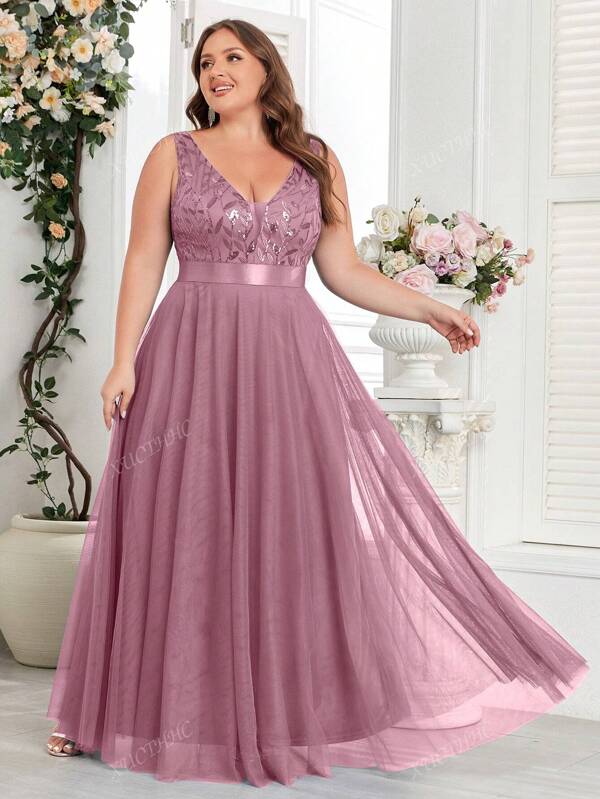 Vestido de dama de honor de malla bordada con lentejuelas en contraste, talla grande, para fiesta de graduación, cena o boda invitada