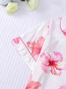 Conjunto de pijama de 2 piezas con estampado floral hawaiano para mujer, blusa de manga corta con cuello y pantalones cortos de cintura elástica, ropa de dormir de moda para fiestas de vacaciones y uso casual en casa