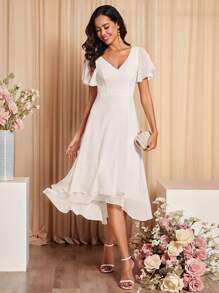 EVERPRETTY Elegant Chiffon Plain V Neck Short Sleeve Ruffle Hem Midi White Bachelorette Party Dresses Formal Dress Bridal Shower Dress Wedding Dress For Bride Engagement Dresses