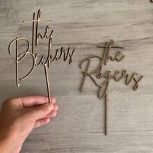 1 pieza Decoración personalizada para pastel de boda de madera, Tóper de pastel personalizado Sr. y Sra. con fuente de caligrafía manuscrita del apellido, Adorno rústico para pastel