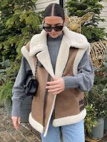 女士博格领麂皮背心仿羊毛抓绒马甲无袖夹克冬季机车夹克保暖外套上衣