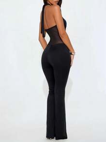 1pc Women's Fashionable Casual Elegant Sleeveless Strappy Mesh Panel Flared Leg Jumpsuit, Suitable For Spring/Summer/Autumn, Adult Party, Graduation, Music Festival, Celebration