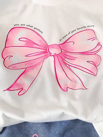 Girls Cute Bow Print Round Neck Top + Fashion Bow Embroidered Skirt Pants 2pcs Set