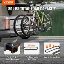 Hitch Mounted Bike Rack For 2 Bikes Platform Style 80 LBS Capacity Fits 1.25 And 2 Inch Receiver Folding And Tilting Design For Cars SUVs Trucks And RVs Tires Up To 2.4 Inches Wide - Black - View 3