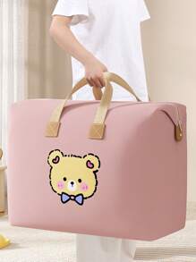 1PC Pink Large Capacity Household Clothing Storage Bag, Tie Bear Cartoon Pattern Bedding Storage Bag, Lightweight And Movable Zipper Handbag, Quilt Storage Bag, Autumn Decoration, Holiday Decoration, Room Decoration, Home Decoration, Autumn Decoration, And Bedroom Decoration