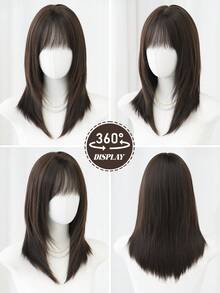 7JHH WIGS 20 英寸优雅齐肩假发，深棕色刘海假发，蓬松全机合成耐热分层假发，适合日常和学校使用，母亲节礼物
