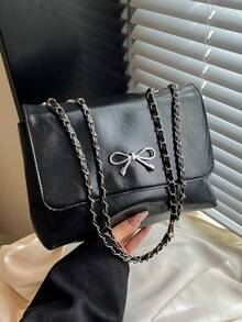 1pc PU Solid Color Square Quilted Closure Shoulder Bag, Large Capacity, Casual Commute Work School Student Crossbody Bag, Fashion Chain Bowknot Underarm Vintage Style, Elegant For Women, Daily Use Gift - Black - View 2