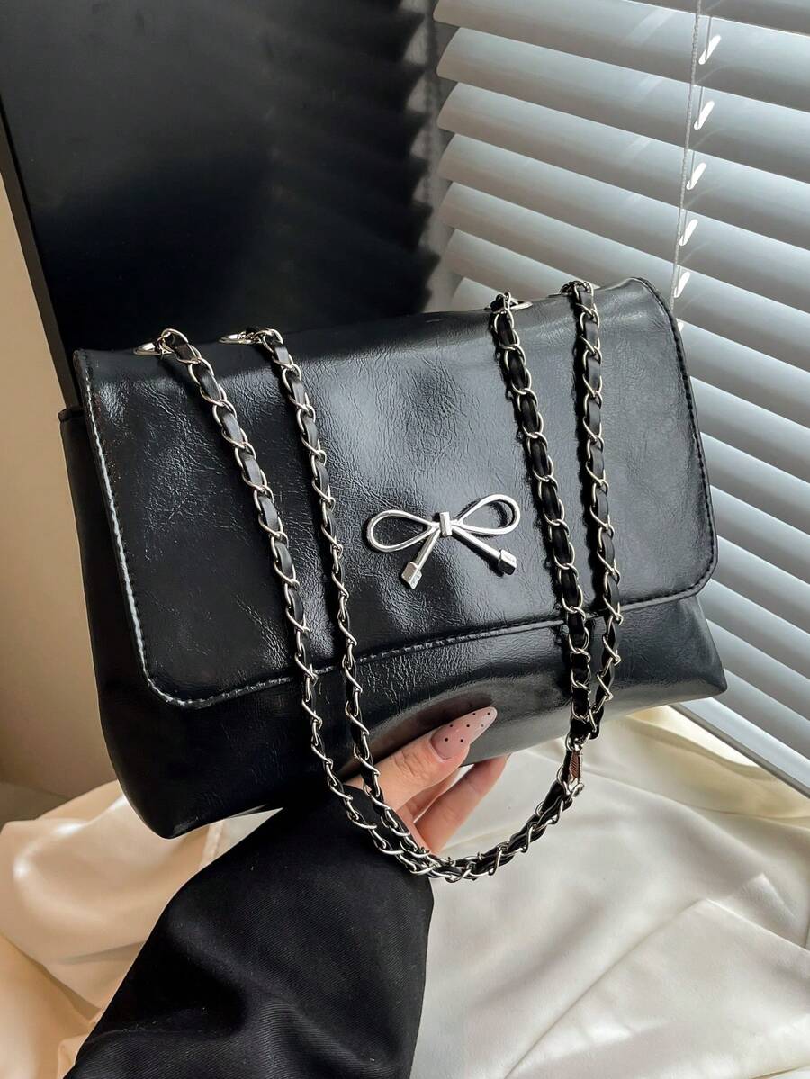 1pc PU Solid Color Square Quilted Closure Shoulder Bag, Large Capacity, Casual Commute Work School Student Crossbody Bag, Fashion Chain Bowknot Underarm Vintage Style, Elegant For Women, Daily Use Gift