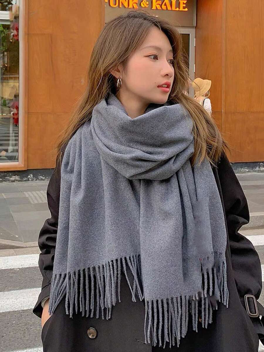 230g Plain Polyester Pashmina Scarf With Fringes Gifts Hot - Màu xám đen - Xem 1