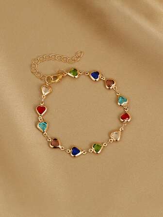 1pc Colorful Glitter Cubic Heart Design Delicate Bracelet, Suitable For Girls Daily Party Jewelry, Holiday Gift
