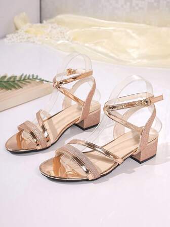 女士新款夏季法式系带时尚舒适露趾粗跟凉鞋