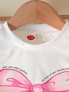 女童可爱蝴蝶结印花圆领上衣 + 时尚蝴蝶结刺绣裙裤 2 件套