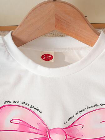 Girls Cute Bow Print Round Neck Top + Fashion Bow Embroidered Skirt Pants 2pcs Set